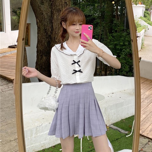 ✞ リボン半袖スリーブシャツブラウススタンダードチェック柄プリーツスカート ショート レトロ スウィート ✞ゴスロリ SM ミリ 甘ロリ クラロリ 和ロリ エレガント 黒ロリ 姫ロリ 華ロリ BB-BB8892528