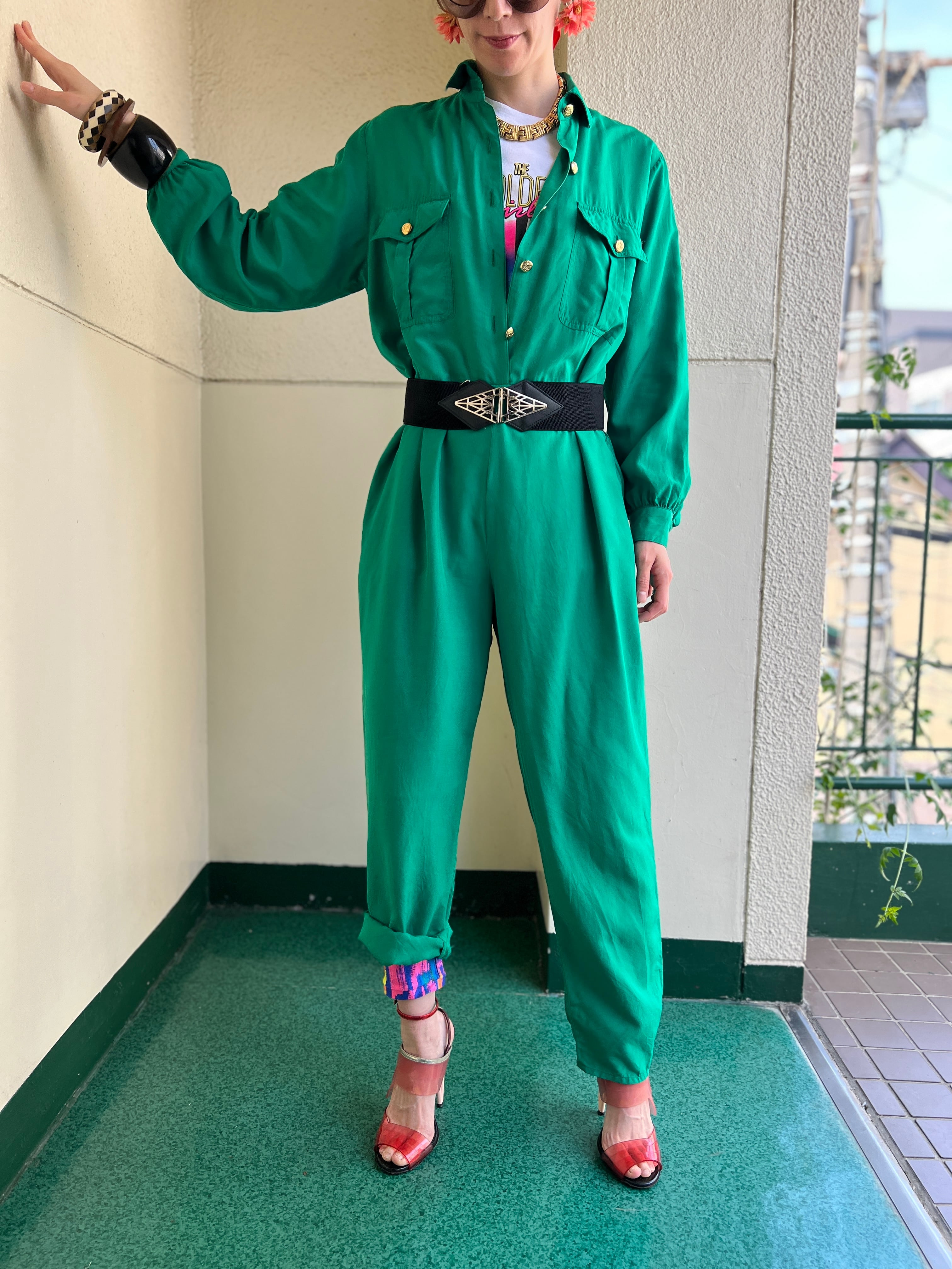 80s green silk simple jumpsuits ( ヴィンテージ グリーン シンプル シルク ジャンプスーツ )