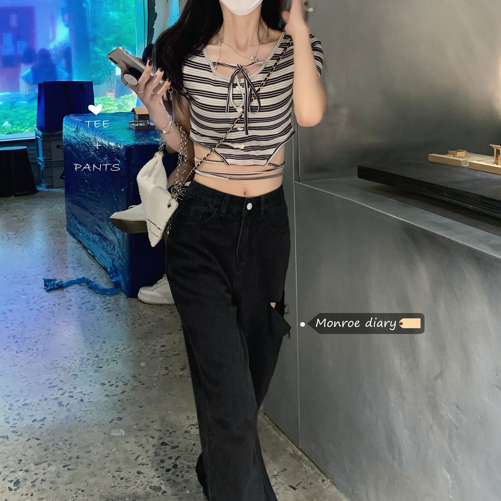 バンドストライプスリムTシャツ サマートップス 夏物 モンロー54540602219