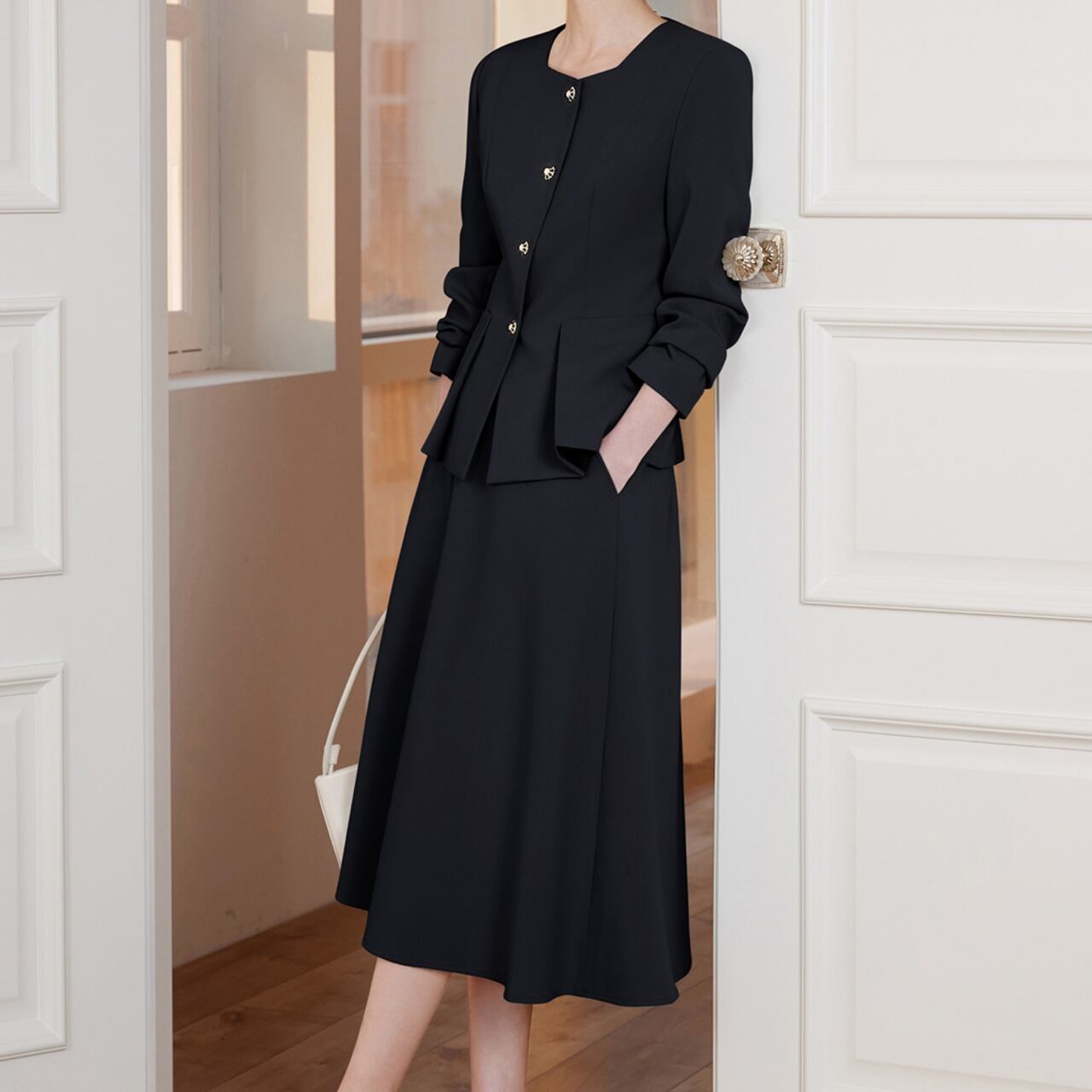 プリーツジャケット フレアスカート スーツセット-ブラック