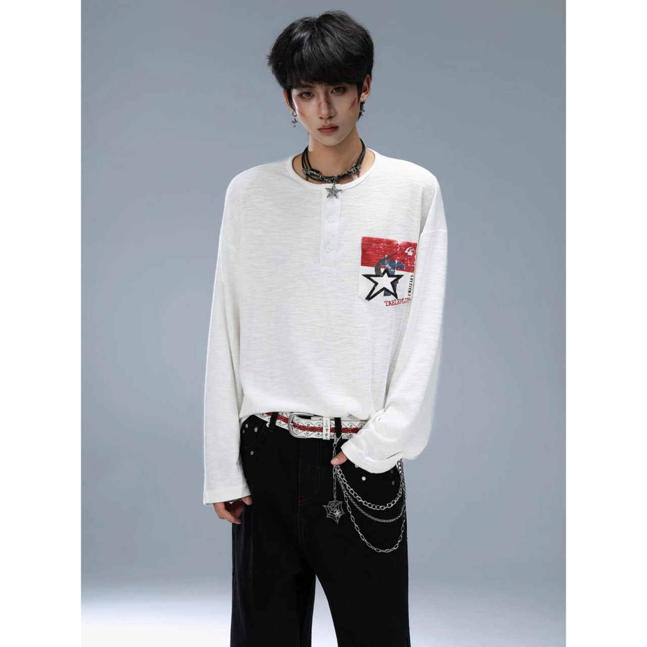VINTAGE ストリート ヘンリーネック ロングTシャツ T2301