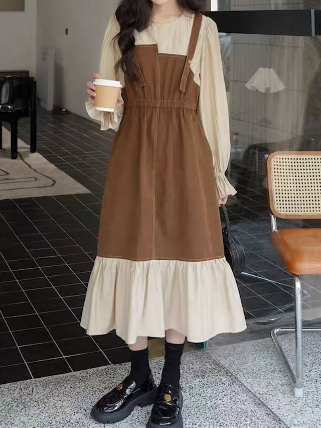 やさしい配色で物語みたいな一日を 配色レイヤードワンピース 可愛い 上品 お洒落 フリル デート お呼ばれ バイカラー 脚長 細見え 大きいサイズ 韓国 CH11528