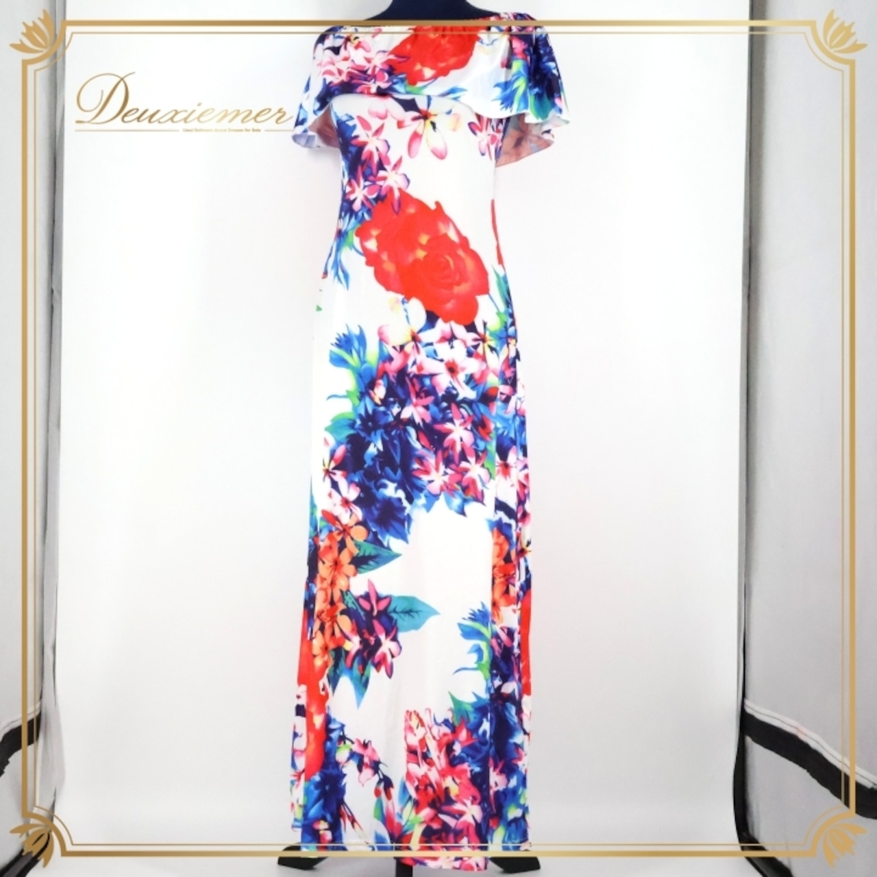 フラダンス 衣装 ワンピース ドレス ホワイト系 フラワープリント 花柄 バラ フラワープリント ハワイアンプリント タヒチアン レッスン 練習 3way かわいい おしゃれ 上品 大人っぽい 華やか レッド系 ブルー系 グリーン系 白 赤 青 緑 フルレングス スリーブレス ロングドレス ドレッシー リゾート ワンピースドレス クラシック 着回し