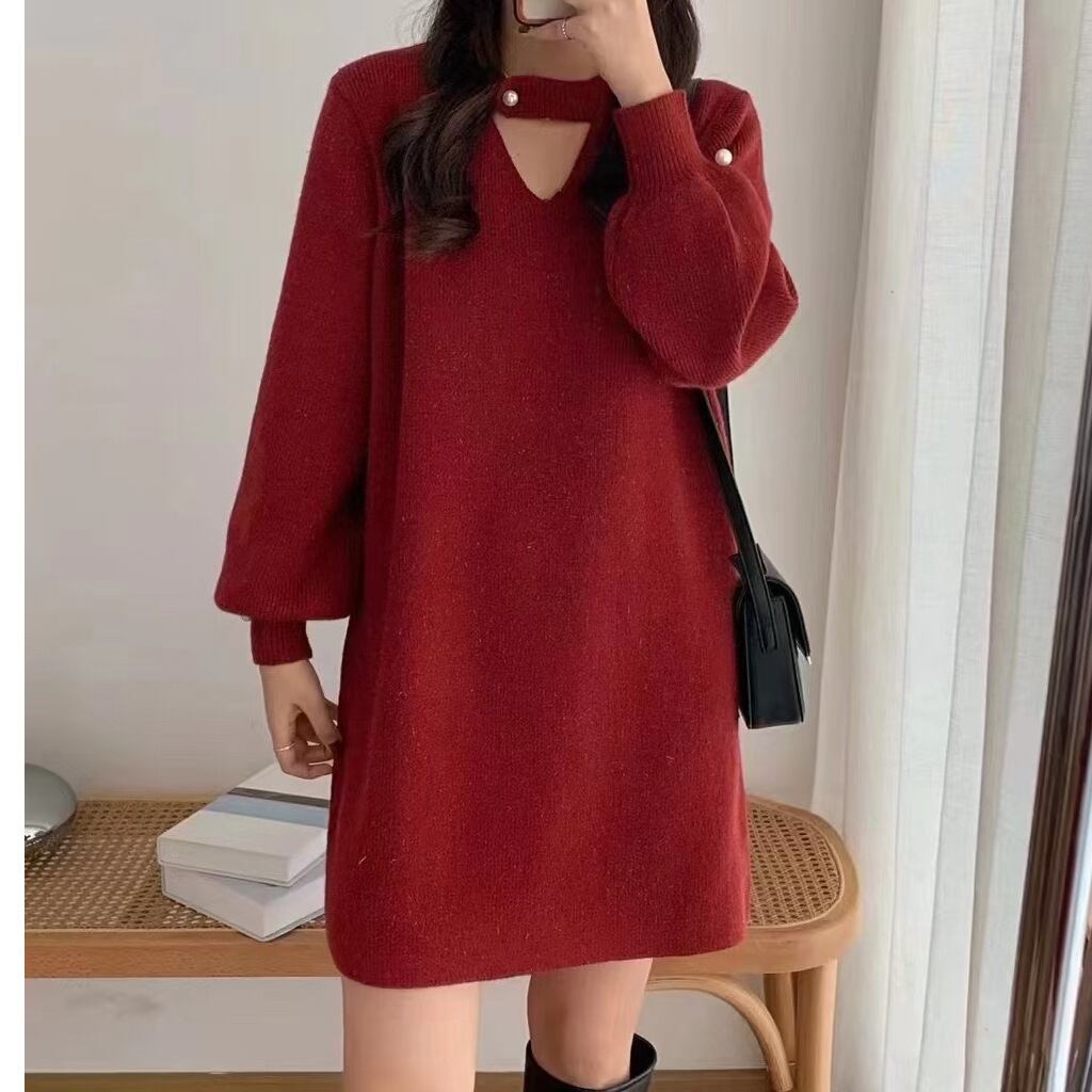 【新作】【送料無料】 秋と冬の女性用のゆったりとしたセータードレス、厚いランタンスリーブ、明るいシルクニットドレス、内側にウエスタンスタイルのトップ 0397488625962