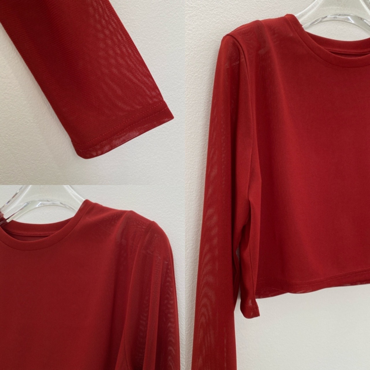 crew neck tulle sheer short tops/red