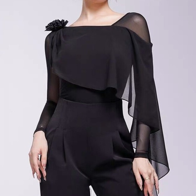 ドレープ ロングスリーブ シースルーフレア トップス （レオタードタイプ選択可） ds1444