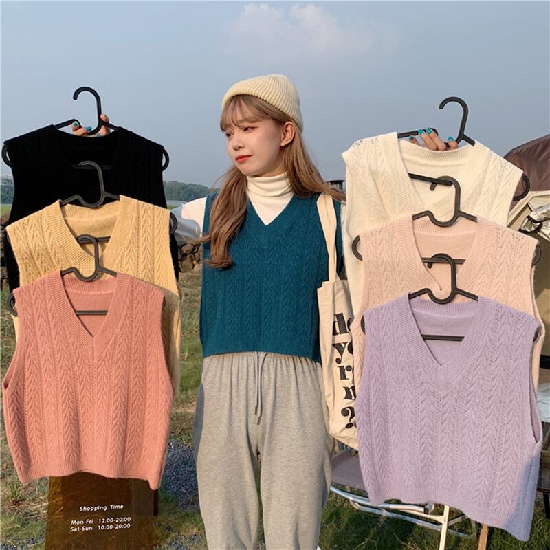 薄手ニットスプリングオータムスタイルスタンダードVネックノースリーブセーター レトロ 春物 秋物 1号婦人48223303832