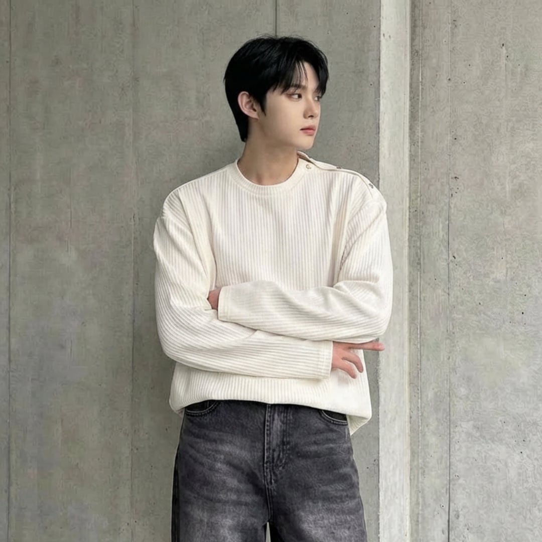 ボタンショルダー 長袖リブカットソー 2カラー D11457