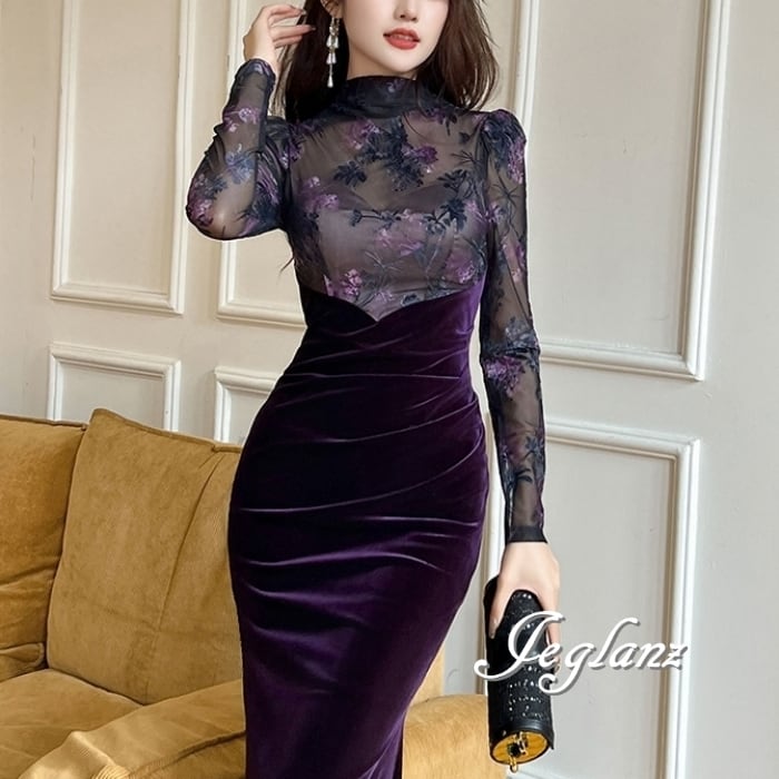 パーティ ドレス ワンピース ベルベット調 異素材 レース 光沢感(MB081)η