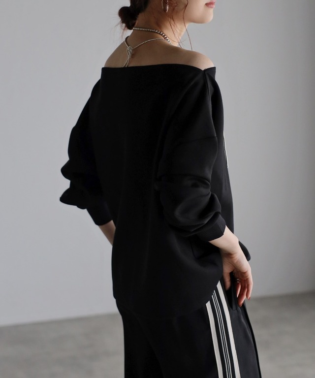 オフショルリブ袖カットソー