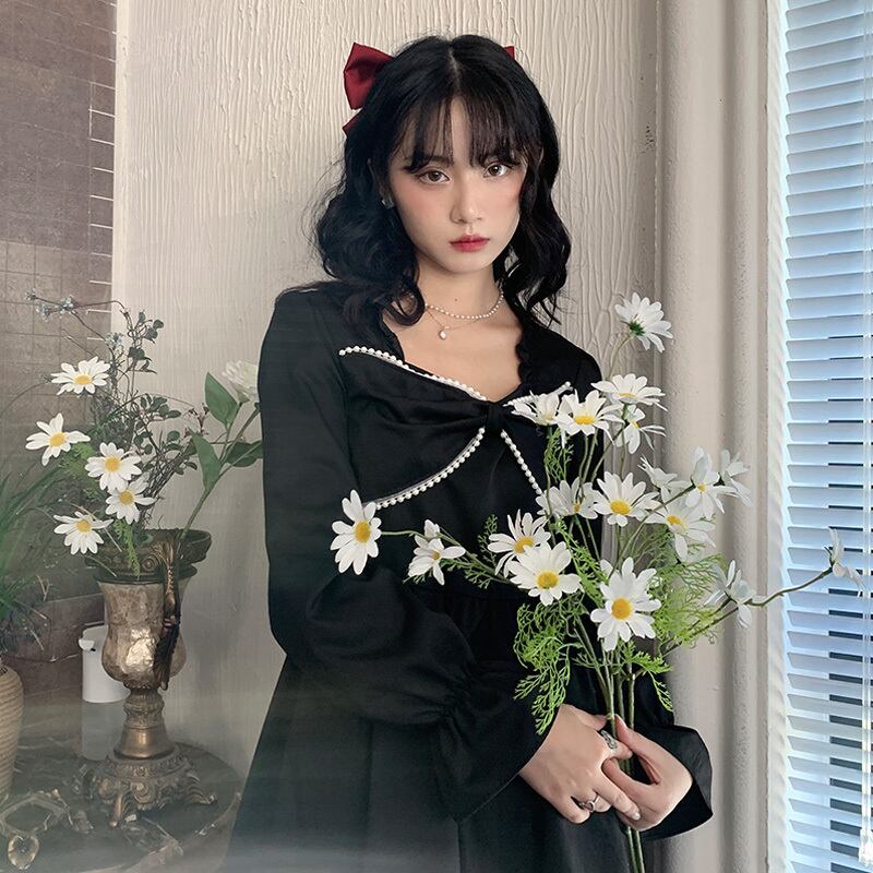 スタンダードパールドレス スプリング薄手ウェストカラースカート レトロ 大人ガーリー スウィート キュート カジュアル 春物 真珠 スクウェア 萌量不足78781530642