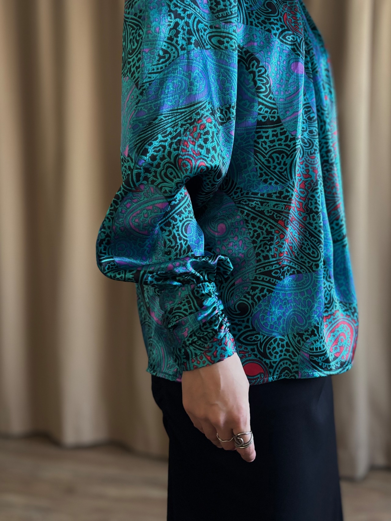 turquoise paisley gathered high-neck shirt-5215-9
