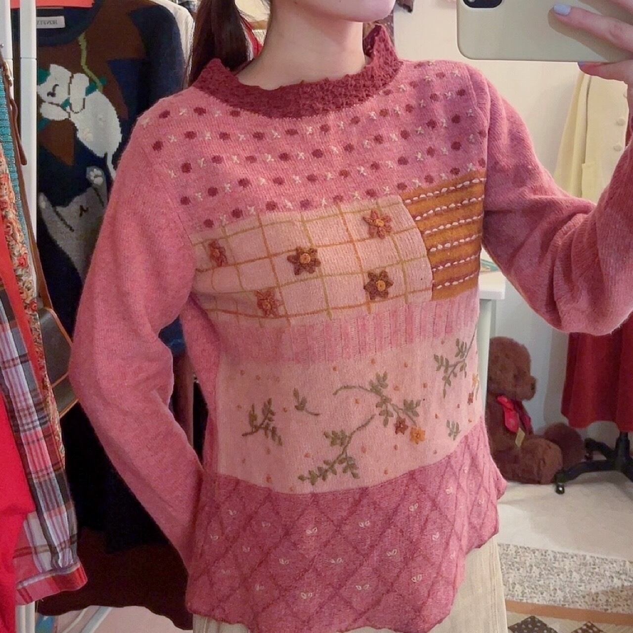 pink flower wool knit sweater