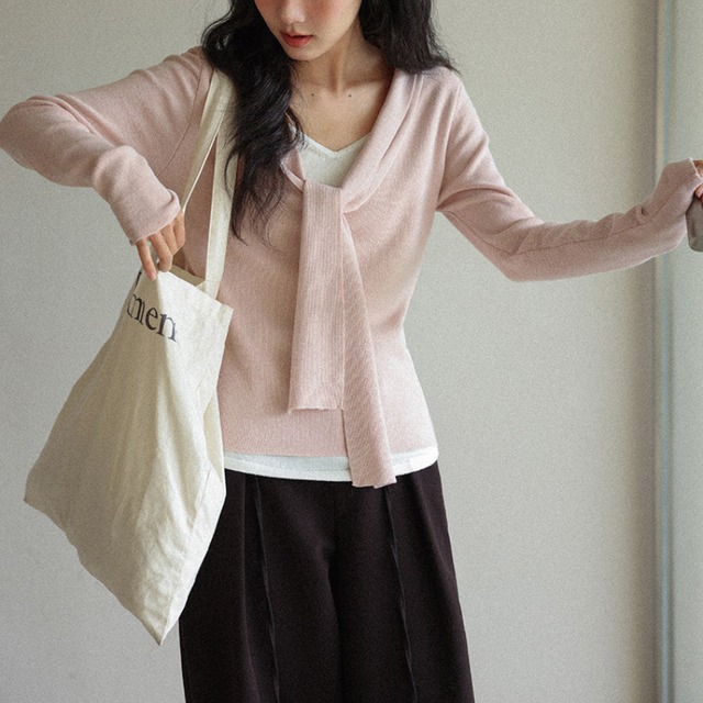 neck-ribbon layered knit top　J00420