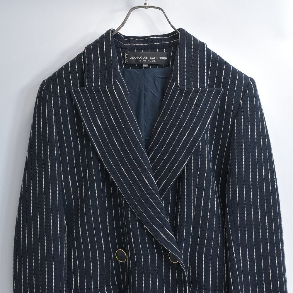 80~90s フランス製 JEAN-LOUIS SCHERRER BOUTIQUE ジャン=ルイ・シェレル ブティック ダブルブレスト ピンストライプ テーラードジャケット オールド ネイビー 紺 フレンチヴィンテージ ビンテージ ヨーロッパ古着 レディースM相当