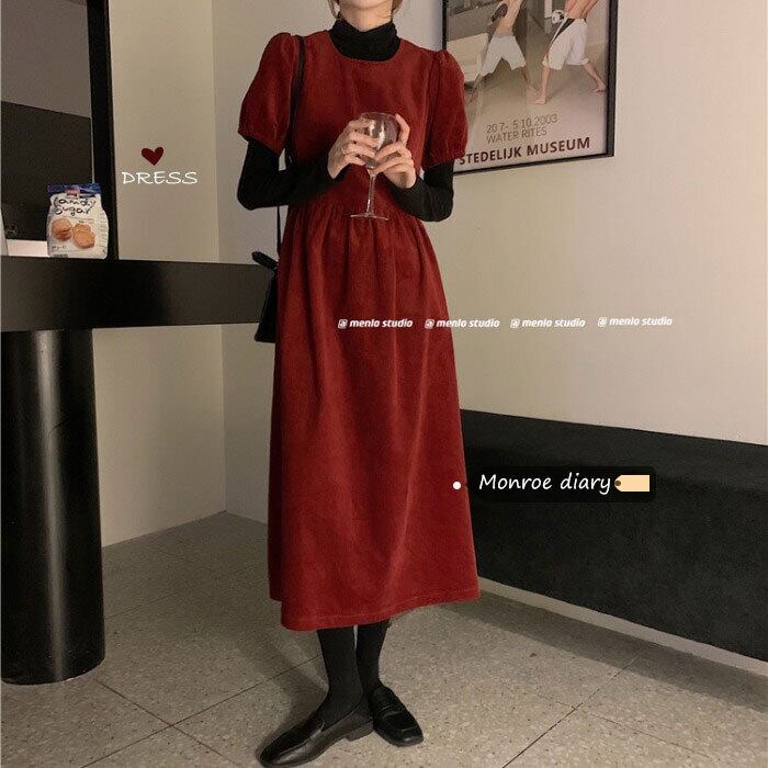 コーデュロイレッドドレス スカート オータムウィンターロングAライン 秋物 冬物 モンロー9192442838