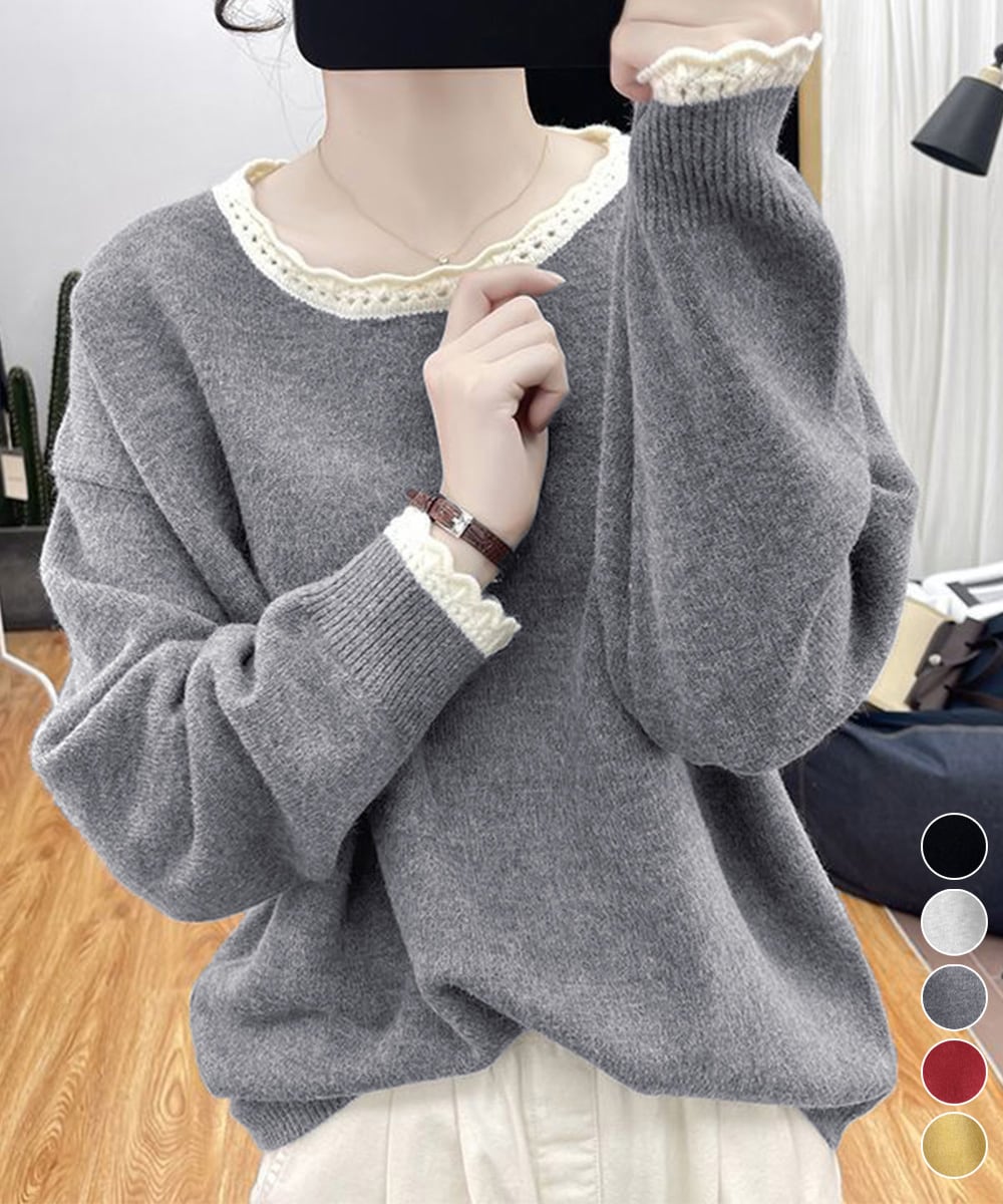 配色ニットプルオーバーラウンドネック秋服 24TPS-068