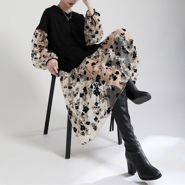 Flower Sheer Combination Dress　H0196