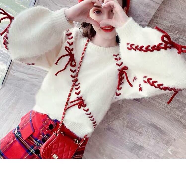 セーター リボン 赤 白 ガーリー トップス XL | LOVEYsmileSHOP