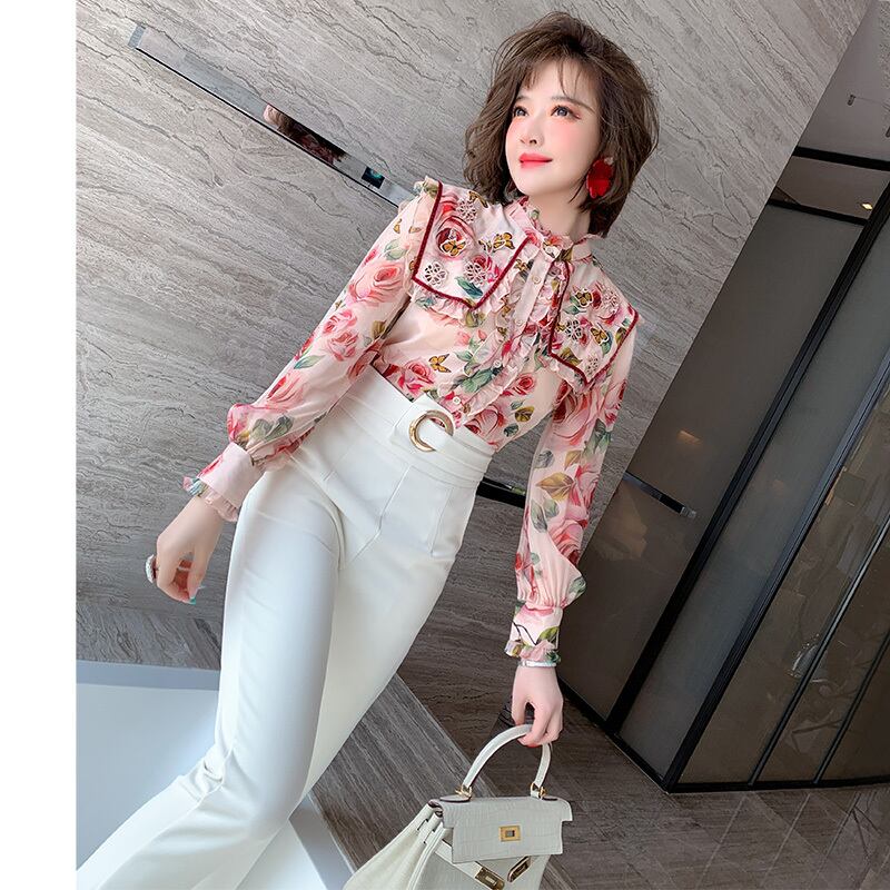 レースプリントシャツ ソリッド カラーハイウェストウェストパンツ オータム 秋物 ソリッドカラー ステッチ MIUCO44441339544