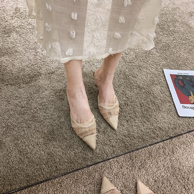 レディースサマーレッドスタンダードメッシュサンダル レトロ ハイヒール 靴 シューズ 夏物 フェイクシューズ52894015159