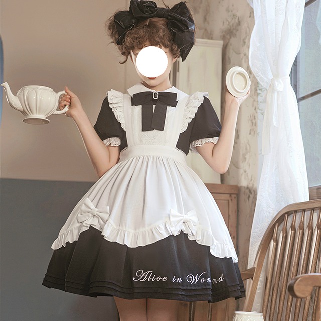 Maid mimi 　ワンピース　エプロン　セット　ブラック　ロング　メイド服