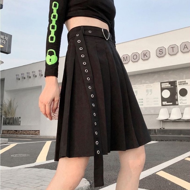 全2種2色 大きいサイズ プリーツスカート ミニスカート ひざ丈 ハイウエスト ベルト付き ワイルド 制服 カジュアル ブラック グレー Like Fashion