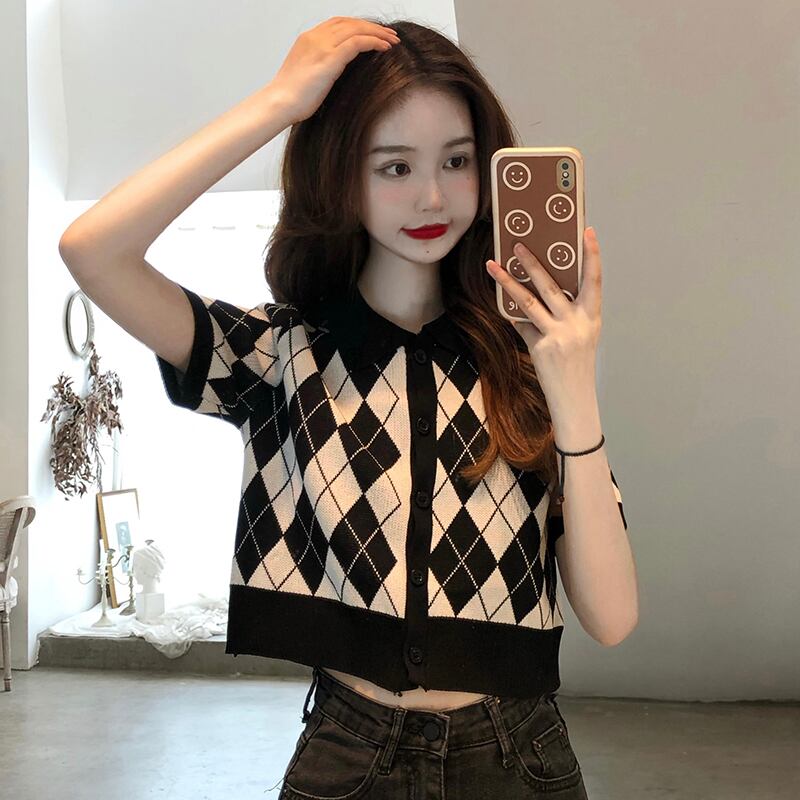サマースタンダード格子柄ルーズショートカラー薄手セーター トップス レディース レトロ 夏物 YY-ファッション95222137446