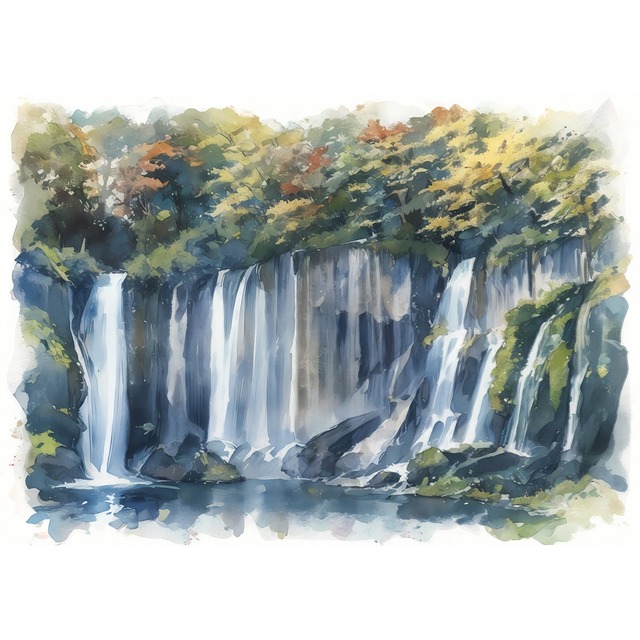 絵画 日本 静岡県富士宮市白糸の滝の風景 インテリアアート額付き 水彩画・油絵風 WAT0093