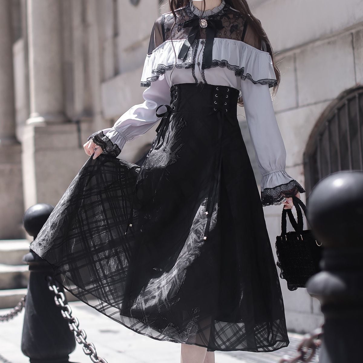 シースルーショルダーロングスカートセットアップ：スカート