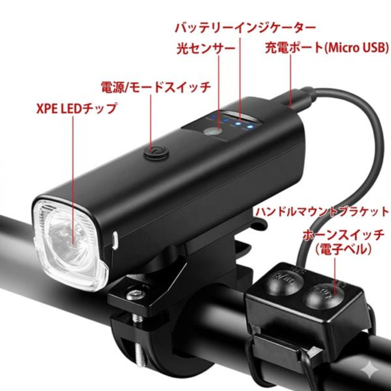 Formosa Japan 自転車 ライト LED 350ルーメン 自動点灯 感光センサー 120dB 電子ホーン 4モード 防水 USB充電式 マウ