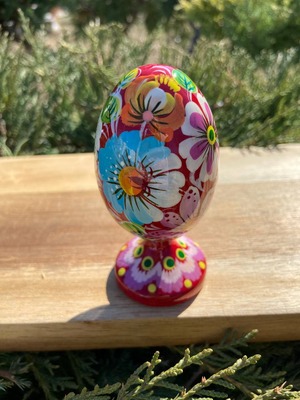 ペトリキウカ塗り　木製プィサンカ・スタンド一体型（イースター・エッグ）9cm（ホメンコ作）