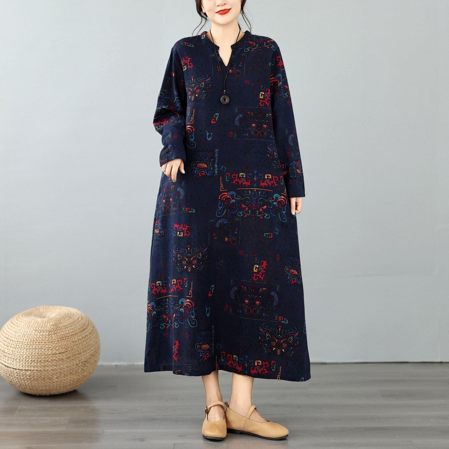 FLORAL PRINT LONG SLEEVES RELAXED MAXI DRESS M-18249