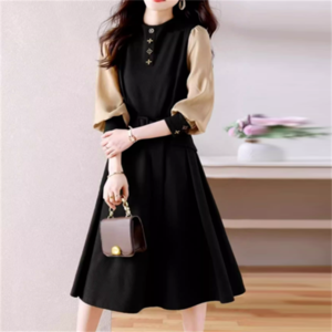 【送料無料】ファッション ドレス ロングドレス 2色 ロング ひざ丈 袖あり 長袖 クルーネック Aライン フレア ドッキング 異素材切り替え バイカラー エレガント 可愛い 大人可愛い きれいめ シンプル カジュアル シック コンサバ 華やか 大人 上品 おしゃれ お洒落 主役級 こなれ感 高見え 高級感 無地 秋 30代 40代 レディース 女性用 デート お出かけ 女子会 お呼ばれ 休日 お茶会 授業参観 結婚式 二次会 パーティ 演奏会 普段使い オルチャン 韓国系 ファッション   垢抜け 服
