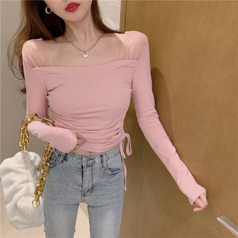 レッドギャザーショートメッシュスリムシャツ Tシャツ スプリングジャケット レディース ロング 春物 ステッチ ドラファッションホール87246477384