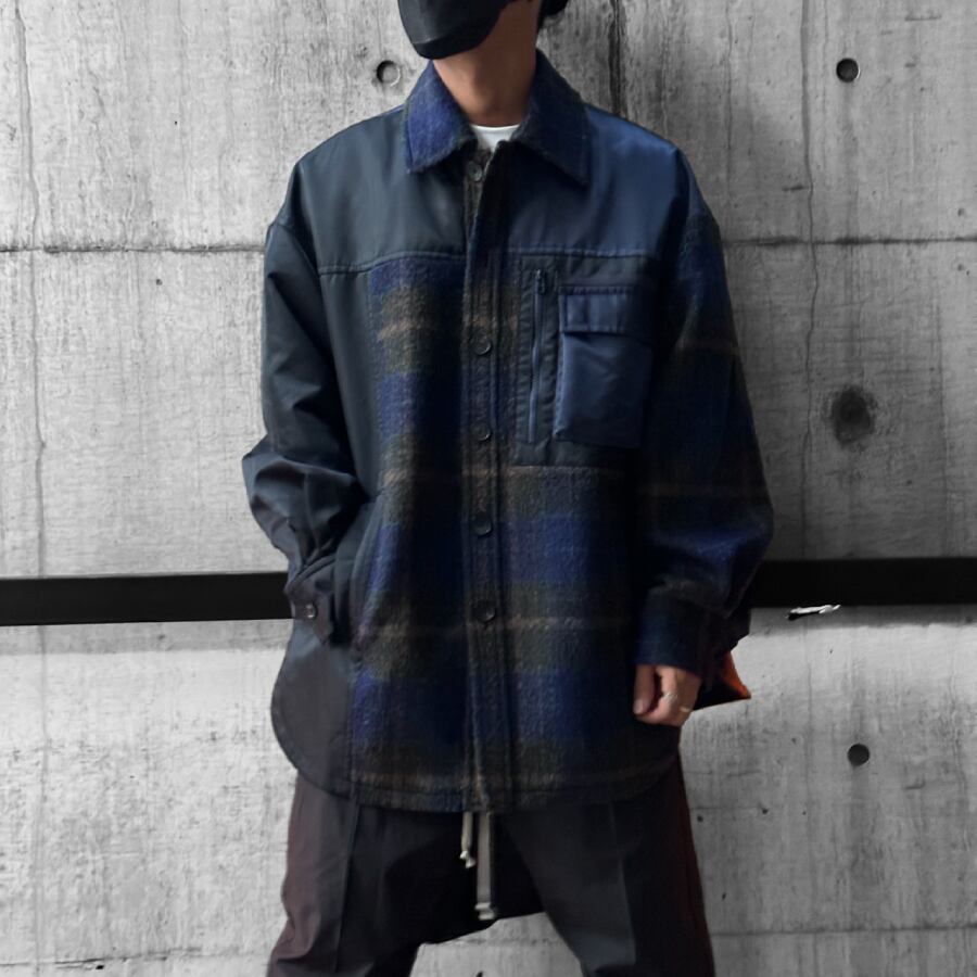 Feng Chen Wang】PANELLED FLANNEL SHIRT JACKET(NAVY) | AYIN