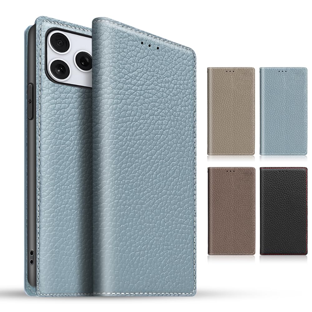 TENSIK iPhone 18Pro/iPhone 17Pro 用 ケース 手帳型 高級牛本革 ストラップ付き ブルー×ブルー