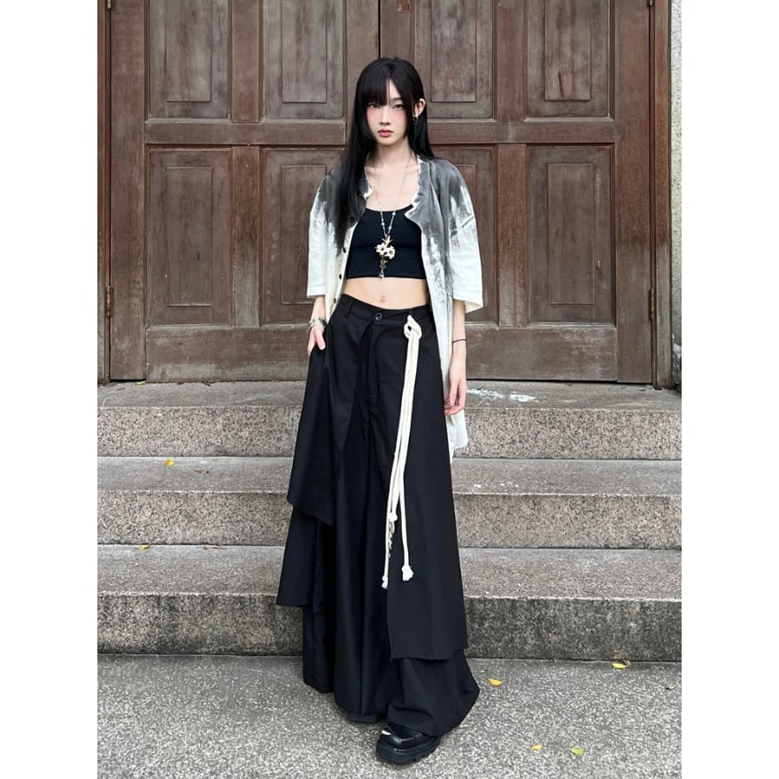 ワイドパンツ ロング丈 レイヤード 袴パンツ クール かっこいい 闇