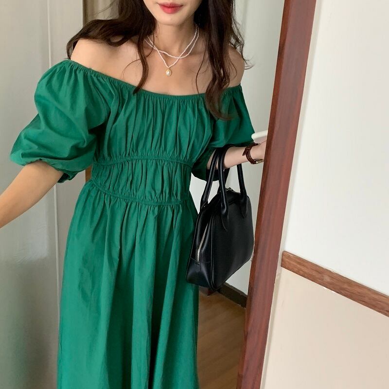 スタンダードストラップレスロングスカート プリーツスリーブドレス 薄手 レトロ ビッグFスモールZ韓国55918786870