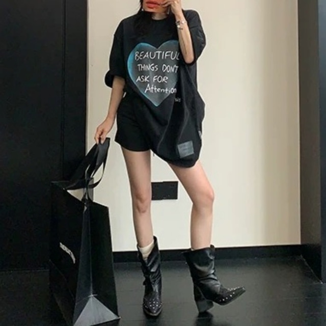 ビッグハートレタープリントルーズラインTシャツ 2col R02445