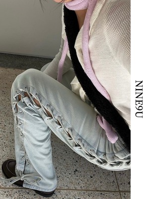 denim lace-up flare pants【NINE6186】