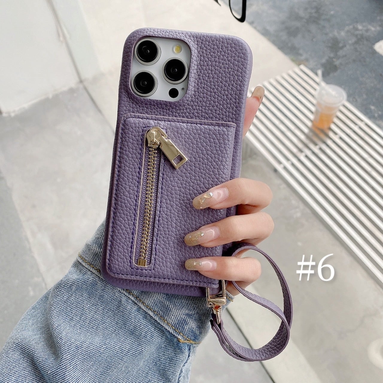 ストラップ付きロゴレザーホルダーミラー付き iPhone16対応】レザー 腕かけストラップ ミラー付き カード収納 8色