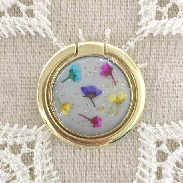 押し花スマホリング　ハンドメイド　【ゴールド×ホワイト】　バンカーリング　レジン