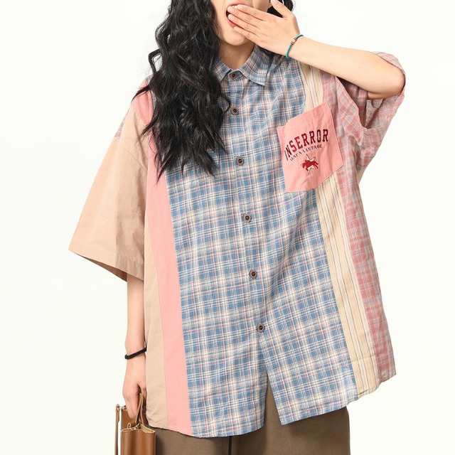 pastel checkered panel short-sleeved shirt　パステルチェック柄パネル半袖シャツ　J1972