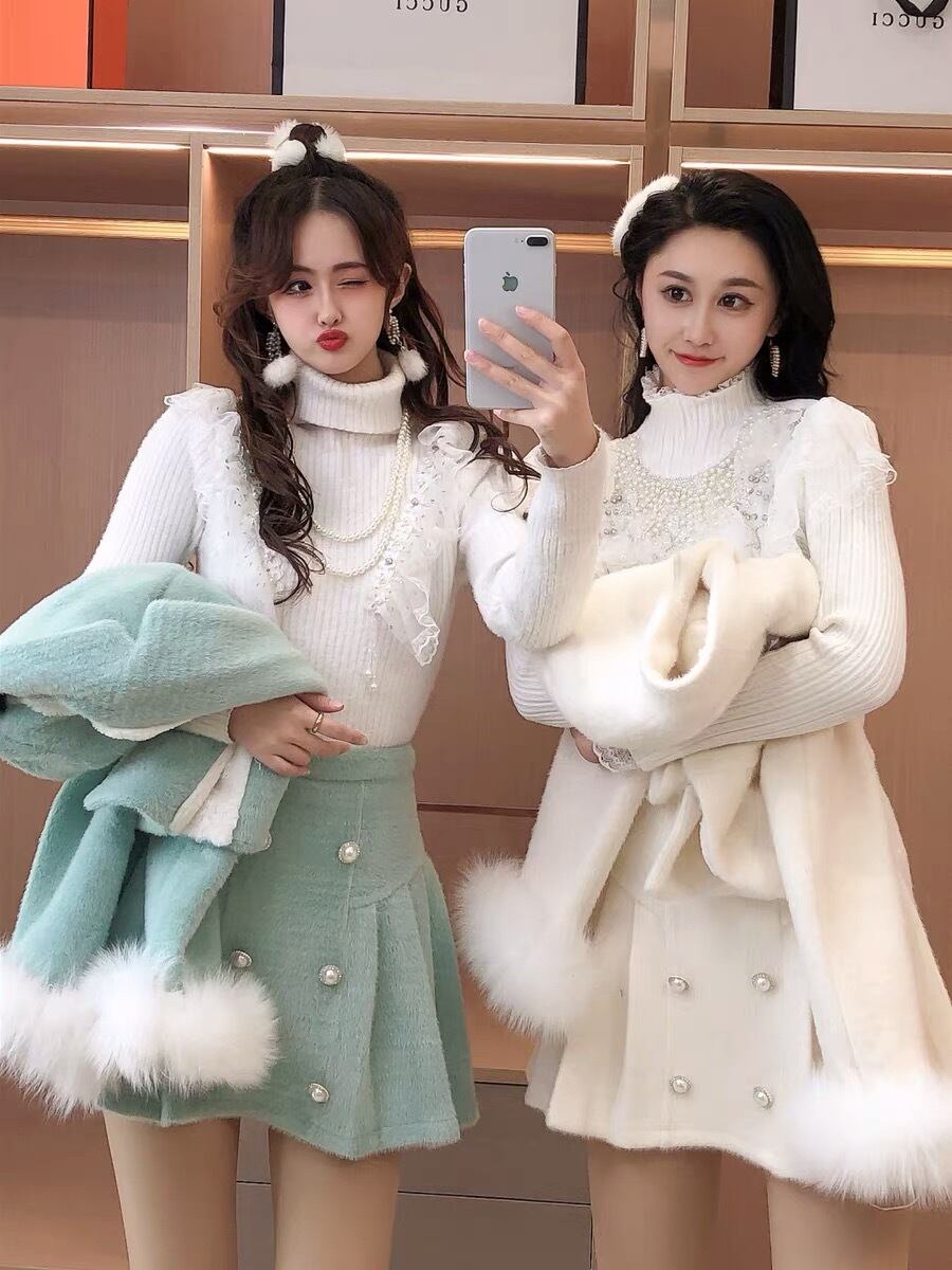 セットアップ】ファー 水色 ピンク 白 セットアップ ピンク 白