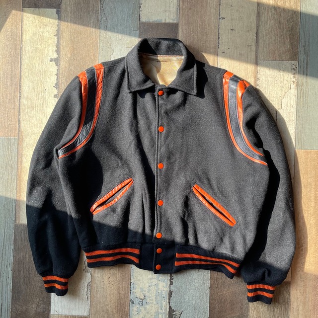 70s レザー切り替えウールスタジャン　ビンテージ