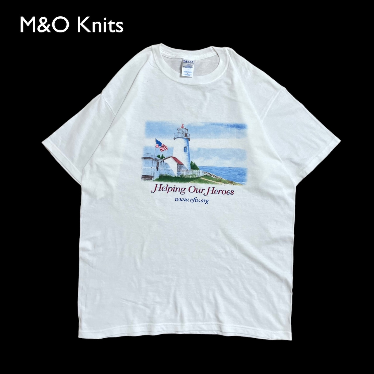 【M&O】メキシコ製 プリント Tシャツ イラスト 灯台 星条旗 風景 白t L 半袖 US古着