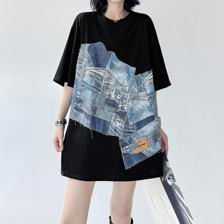 DENIM SPLICE LOOSE HALF SLEEVE LONG T-SHIRT M-17164