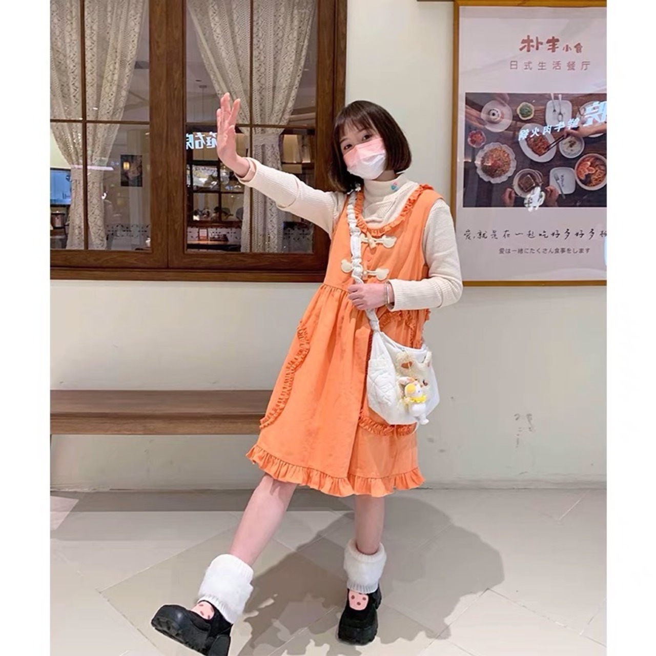 ワンピース オレンジ カジュアル シンプル 森ガール ワンピース リボン 
