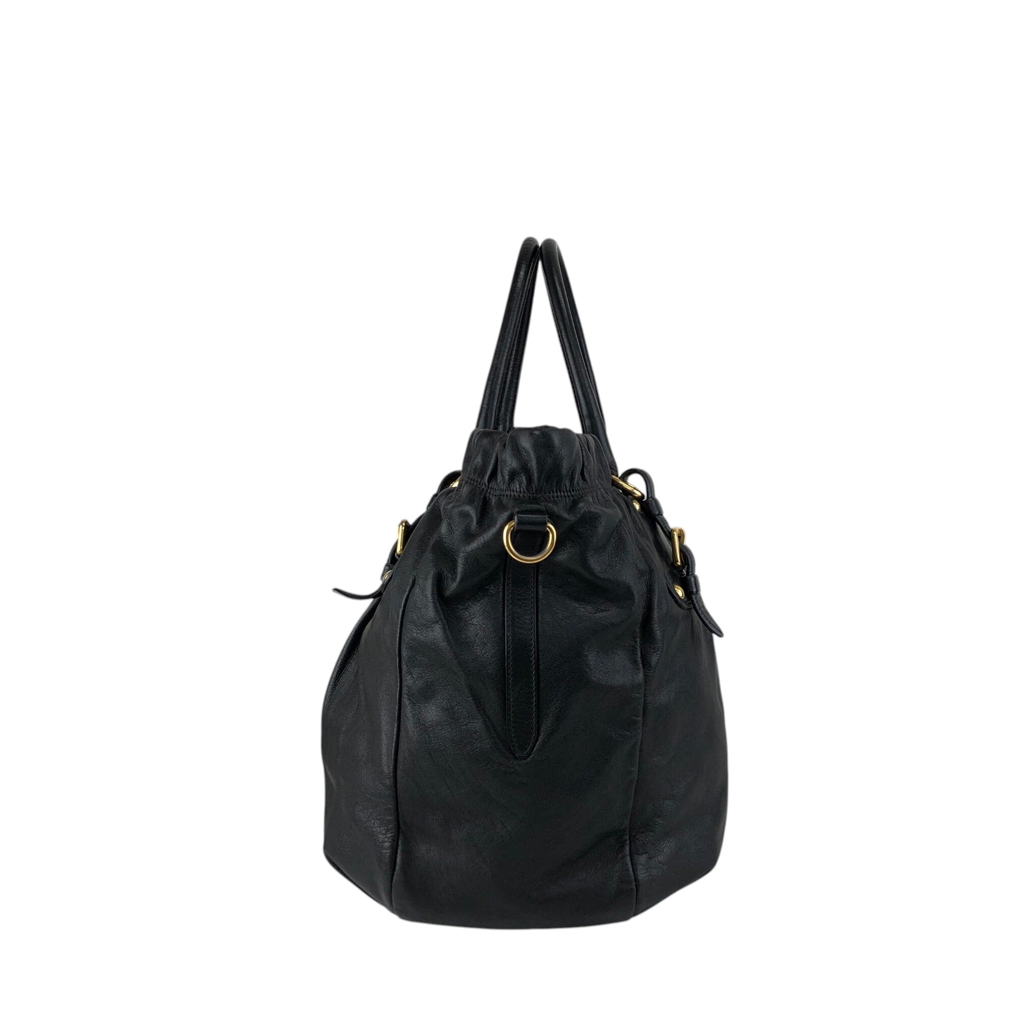 PRADA プラダ ハンドバッグ ブラック ロゴ レザー ギャザー 2way